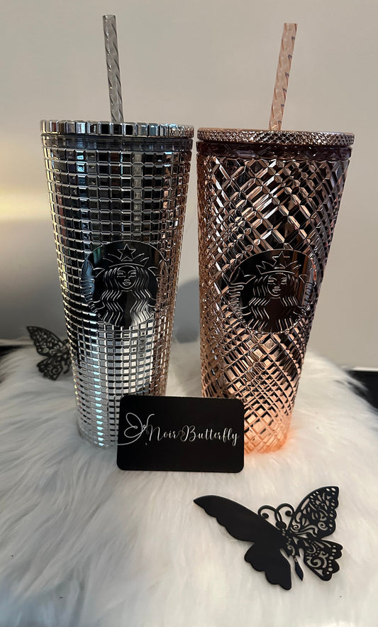 Collection de Noël 2023 AUTHENTIQUE NOUVEAU STARBUCKS Verre à grille en argent chromé et ensemble de bijoux en or rose Verres de vacances en édition limitée