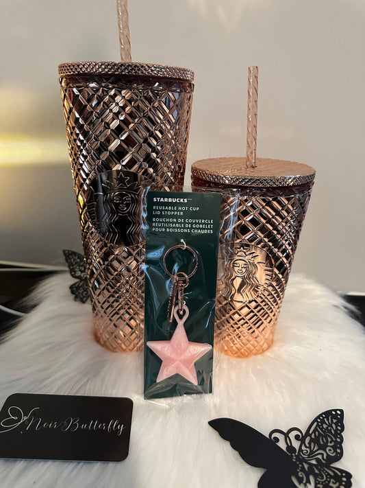 Collection de Noël 2023 AUTHENTIQUE NOUVEAU STARBUCKS Ensemble de gobelets à froid avec bijoux en or rose et bouchon en forme d'étoile ** Gobelet de vacances en édition limitée *